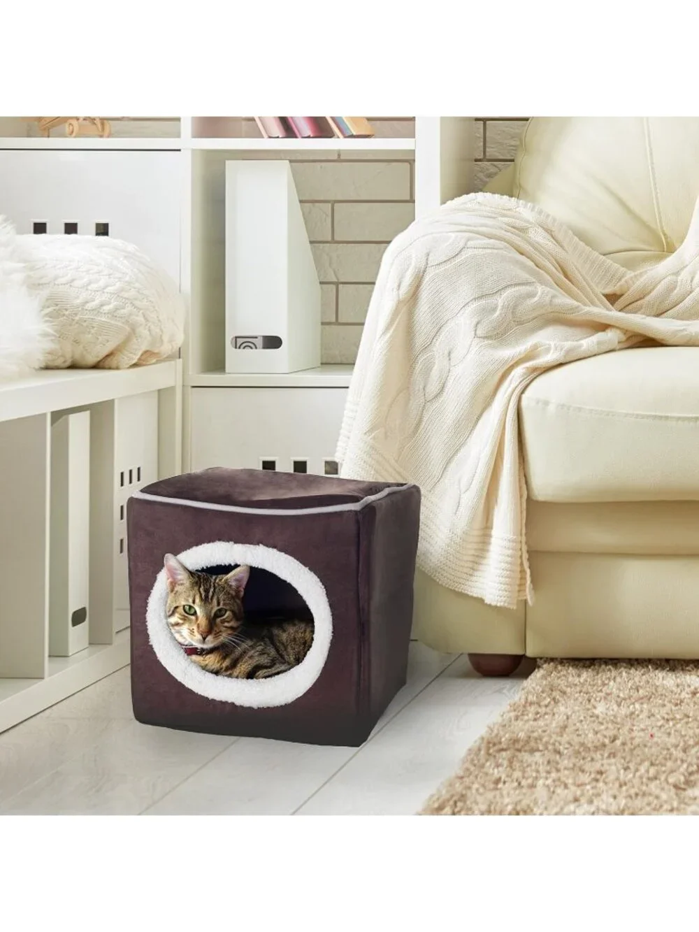 New Cat House Indoor Bed with Removable Foam Cushion, Cat Cave for Small Pets